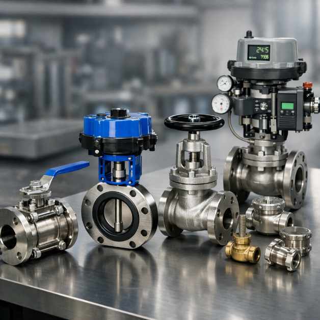 Industrial Valves on Sleek Metallic Workbench